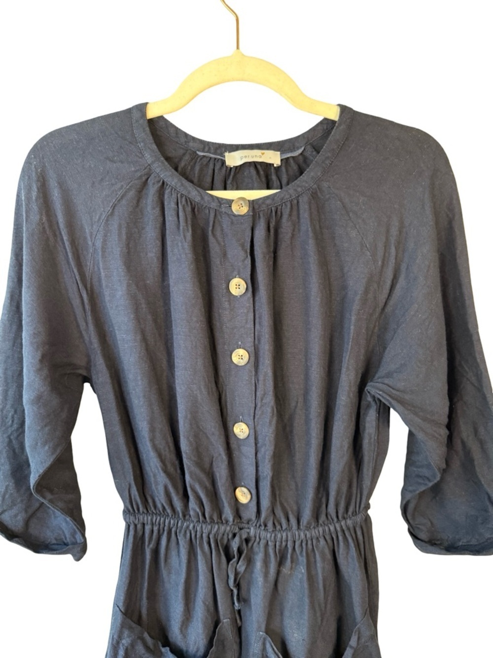 per una Navy Button-Front Midi Linen Dress with Drawstring Waist Size S or M - Picture 8 of 11